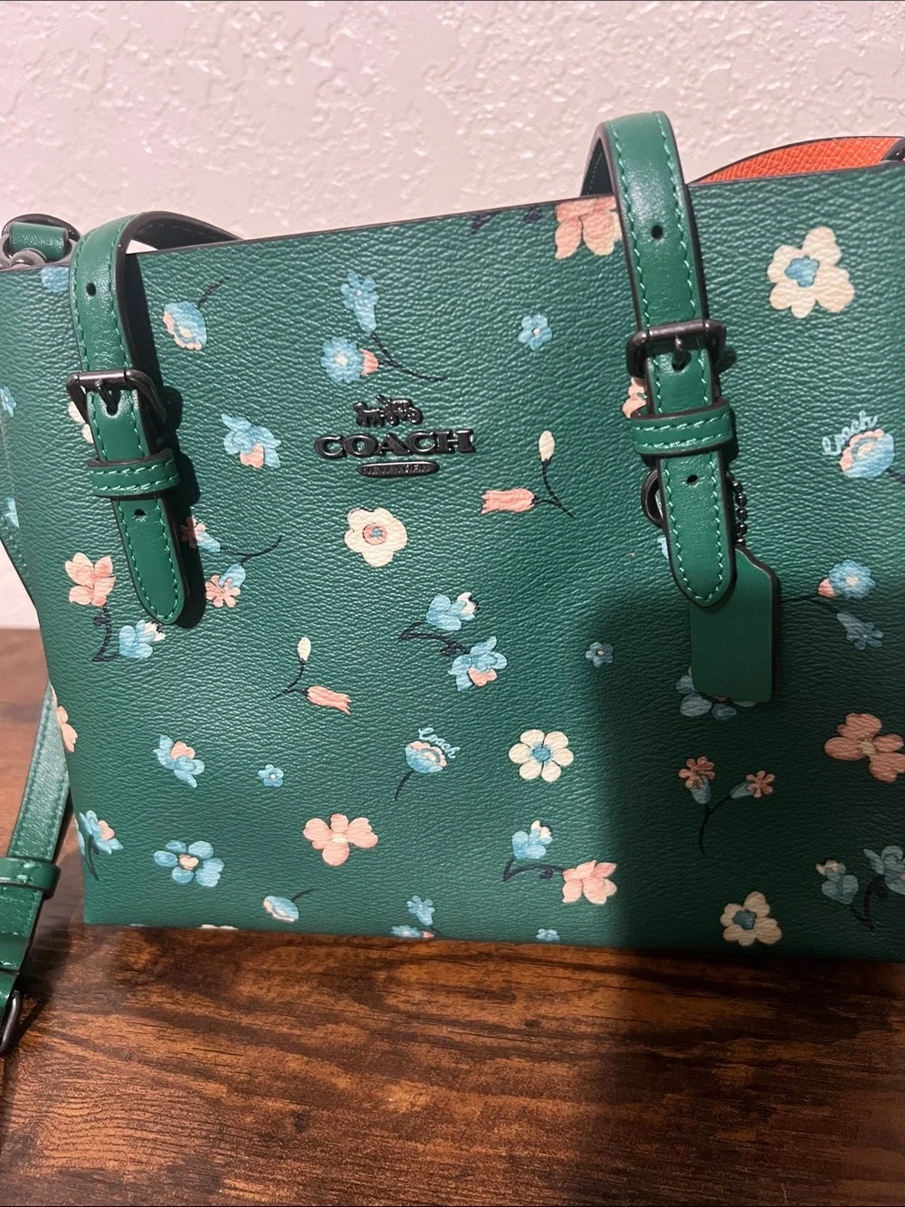Beautiful Coach Green Floral Shoulder Tote with Pink & Blue Flowers